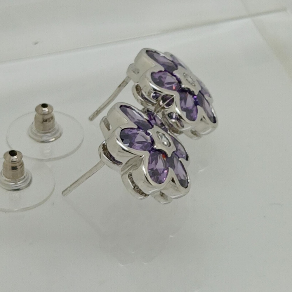 Vintage 1990s Purple Flower Stud Earrings Cubic Zirconia Silver Tone Sim Diamond - Picture 16 of 17